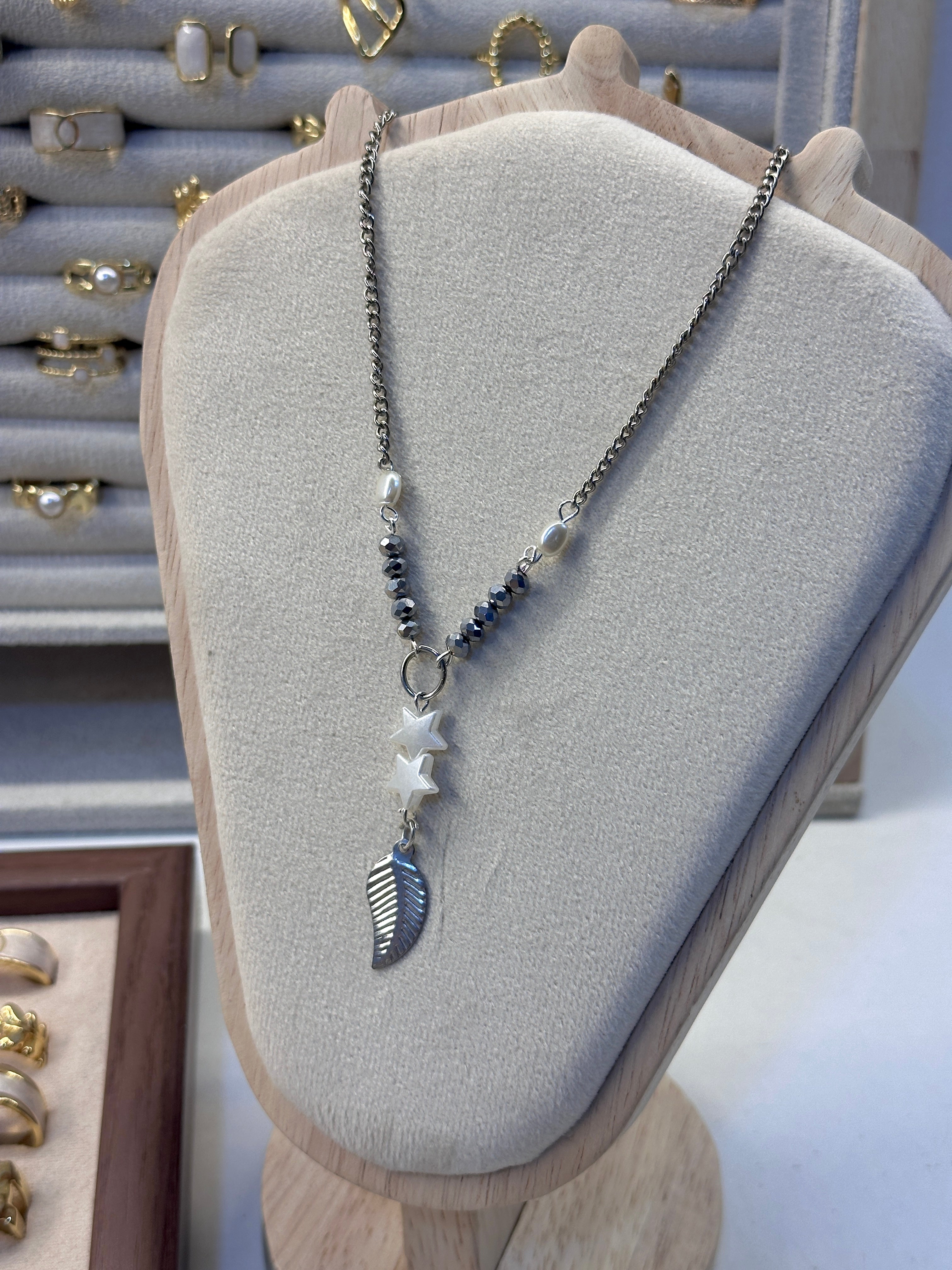 Silver feather long necklace