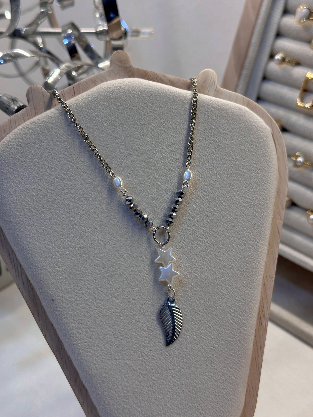 Silver feather long necklace
