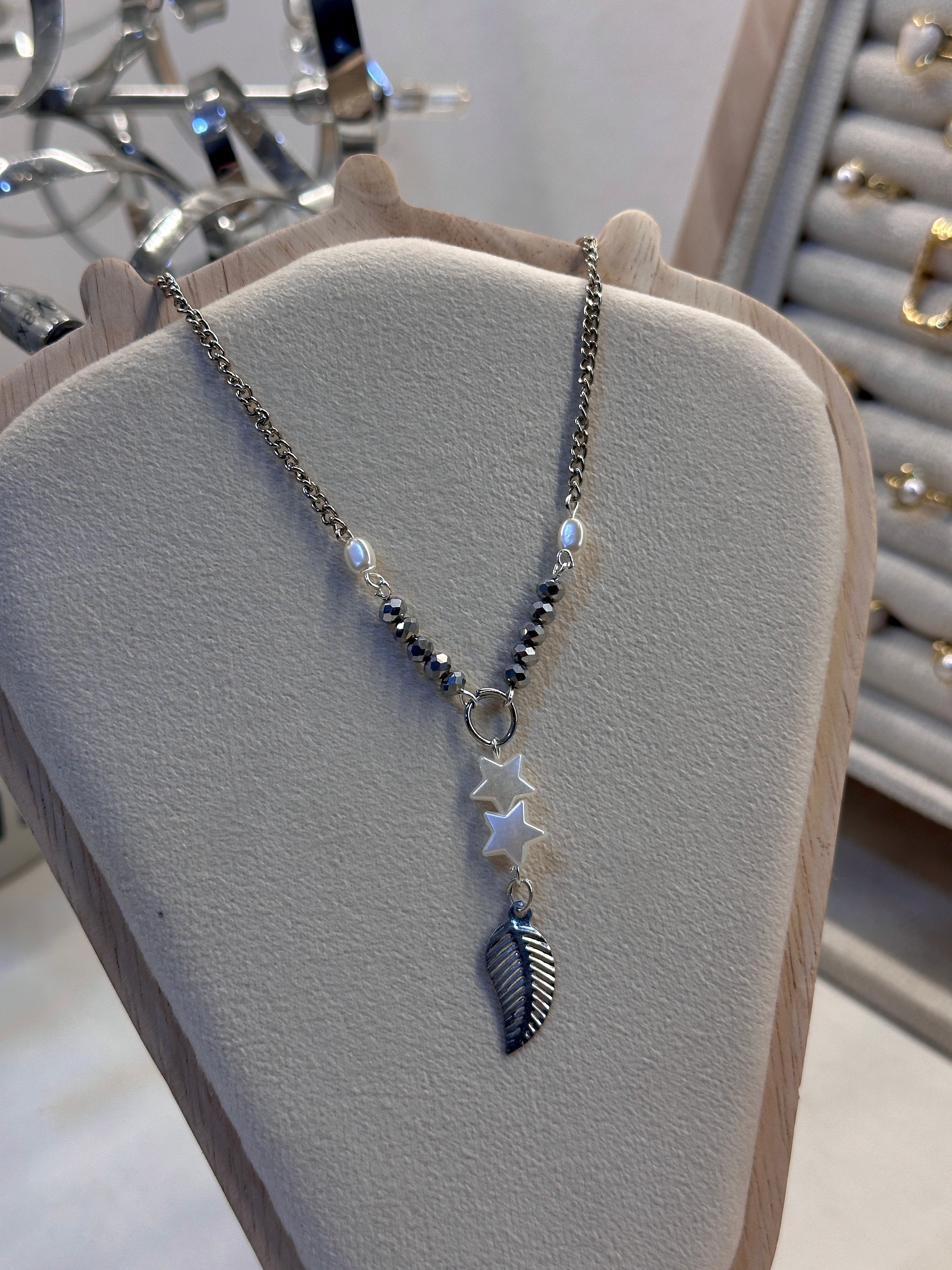 Silver feather long necklace